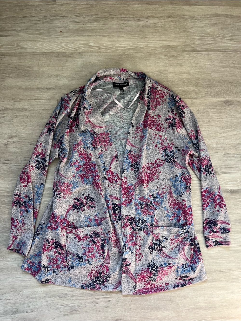 Lane Bryant Pink Blue Floral Open-Front Cardigan Front Pockets 14/16